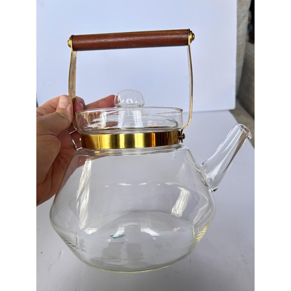 Vintage Glass Teapot with Wood Handle, MCM Brass and Glass Stove Top Tea Kettle